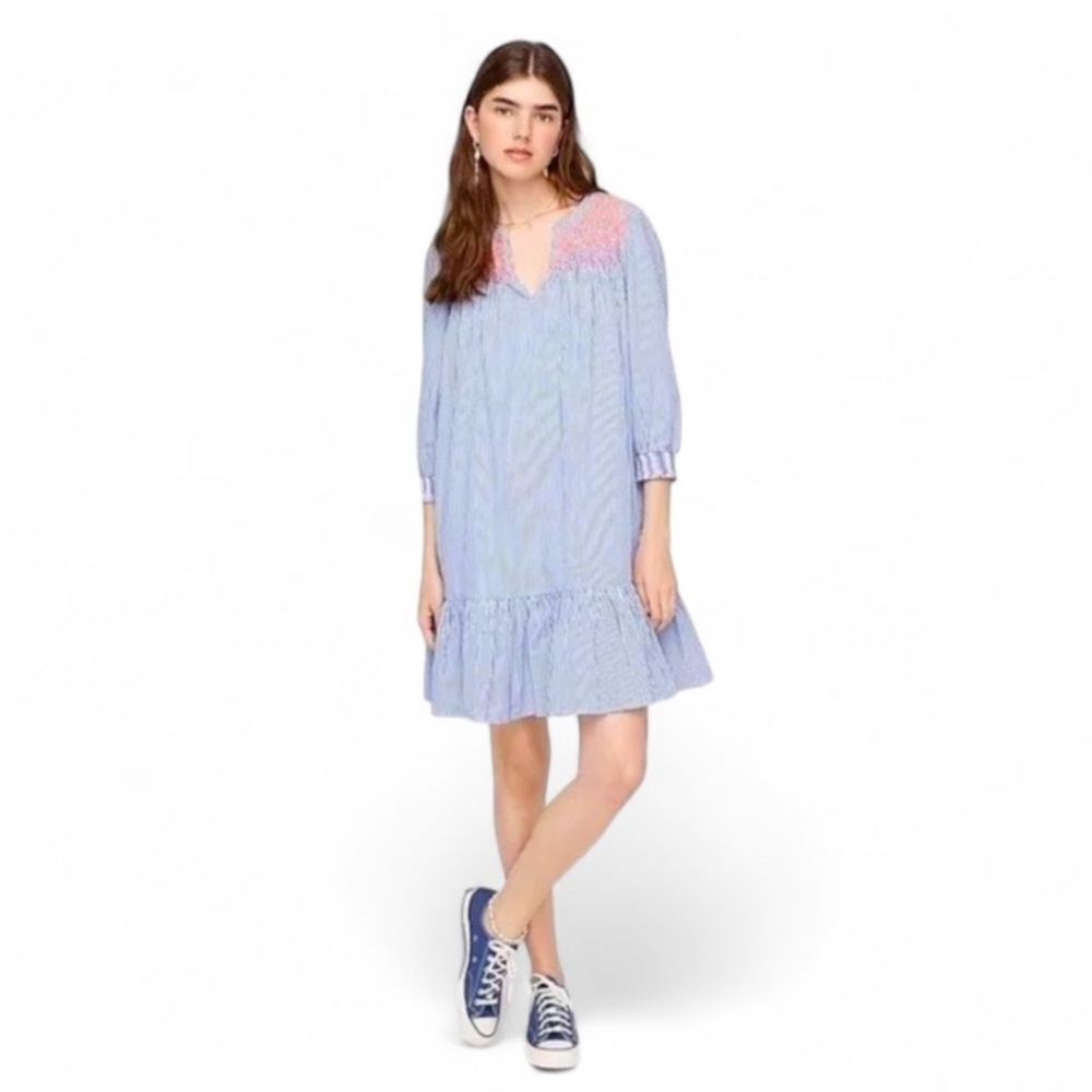 J. Crew Leda Embroidered Blue White Stripe Popover A-Line Dress